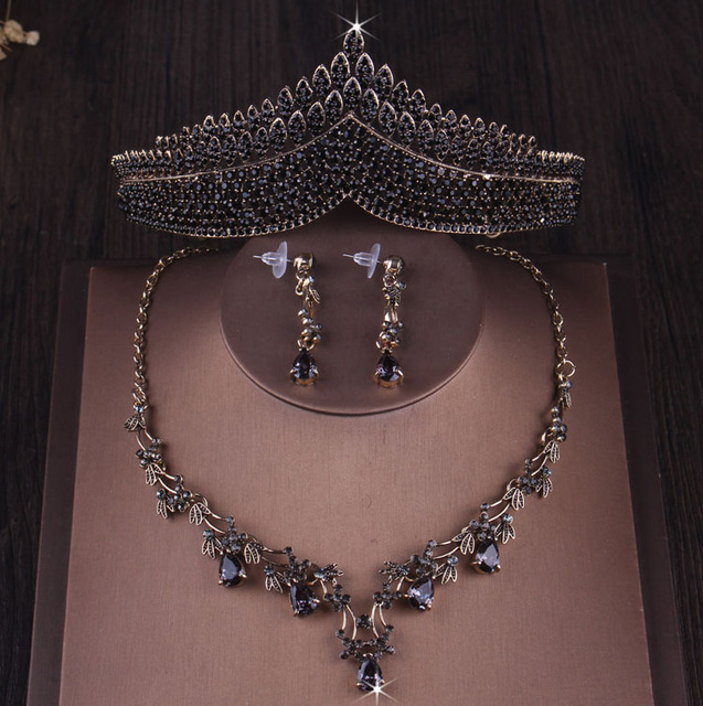 Zestaw biżuterii ślubnej Barokowy Vintage czarne kryształowe serce. Rhinestone korona diadem, złoty naszyjnik, kolczyki - Wianko - 3