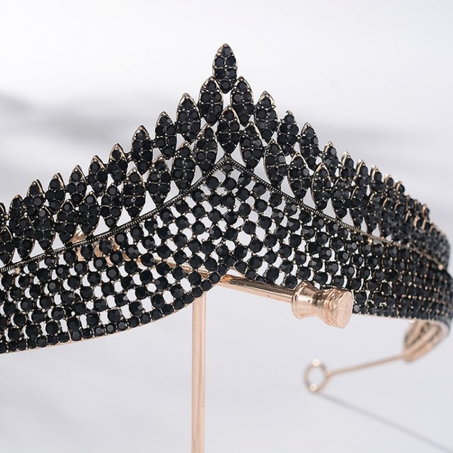Zestaw biżuterii ślubnej Barokowy Vintage czarne kryształowe serce. Rhinestone korona diadem, złoty naszyjnik, kolczyki - Wianko - 6