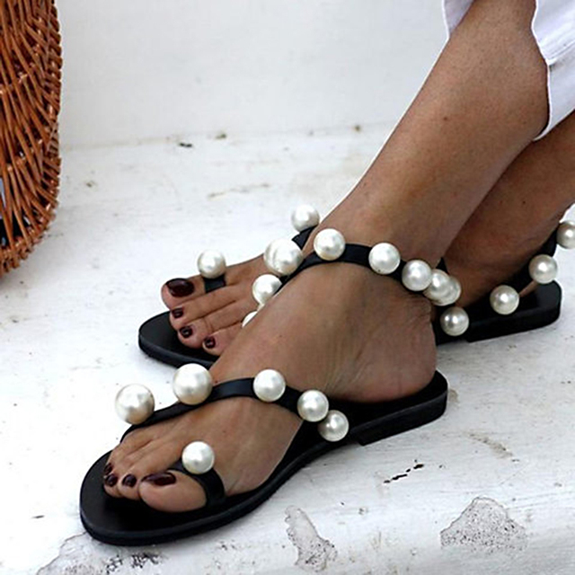 Sandały damskie Rhinestone z perłami, płaskie obcasy, rozmiar 35-44 - Wianko - 5