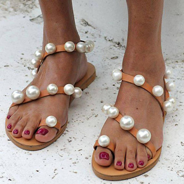 Sandały damskie Rhinestone z perłami, płaskie obcasy, rozmiar 35-44 - Wianko - 8