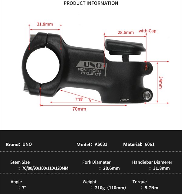 Mostek rowerowy UNO 7 stopni kwadratowy trzpień 28.6x31.8mm 70/80/90/100/110/120mm - rower górski Kalloy - Wianko - 2