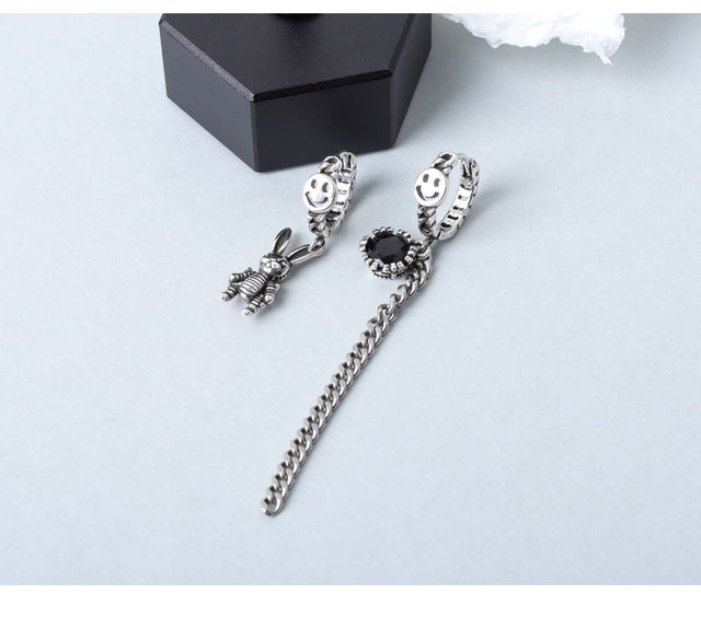 Kolczyki wiszące z srebra CIAXY 925 Sterling w stylu retro z asymetrycznym wzorem króliczka i długim łańcuszkiem do ucha - biżuteria z tajskiego srebra Smiley Ear Buckle - Wianko - 16
