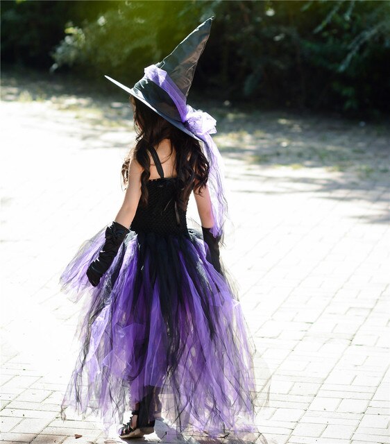 Fioletowa sukienka wróżki Halloween dla dziewczynki z czarnym kapeluszem i wzorem czarownicy - Wianko - 7