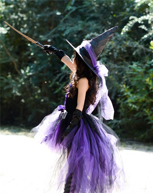Fioletowa sukienka wróżki Halloween dla dziewczynki z czarnym kapeluszem i wzorem czarownicy - Wianko - 5