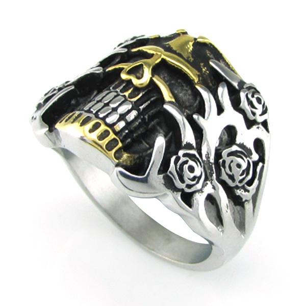 Pierścionek kwiat-czaszka punkowy z nierdzewnej stali 316L dla mężczyzn w kolorze różowego złota - palec +rozmiar pierścionka - Wianko - 6
