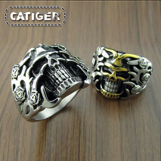 Pierścionek kwiat-czaszka punkowy z nierdzewnej stali 316L dla mężczyzn w kolorze różowego złota - palec +rozmiar pierścionka - Wianko - 2