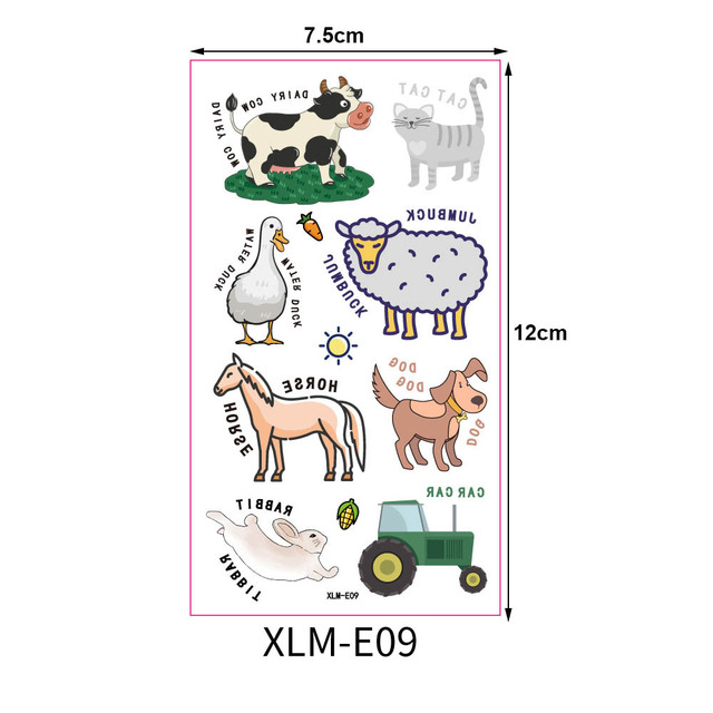 Tymczasowe tatuaże dla dzieci - naklejki Barnyard ze zwierzętami gospodarskimi i pieszczotami z zoo: krowa, koń, przyczepa do ciągnika, owca - Wianko - 9