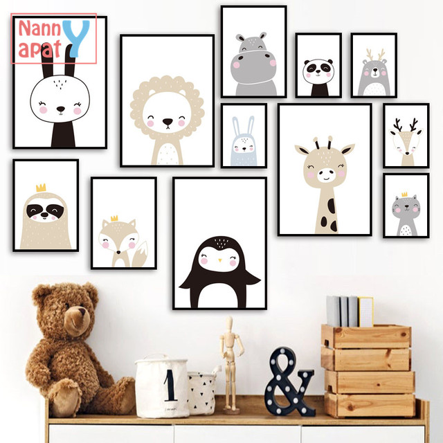 Cute Cartoon plakat - lew, pingwin, królik, lis - dekoracja płótna do pokoju dziecięcego - Wianko - 4