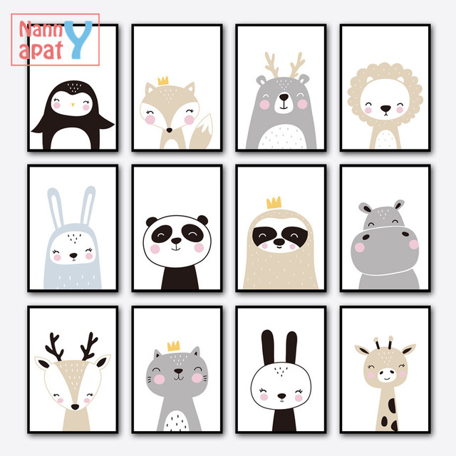 Cute Cartoon plakat - lew, pingwin, królik, lis - dekoracja płótna do pokoju dziecięcego - Wianko - 2