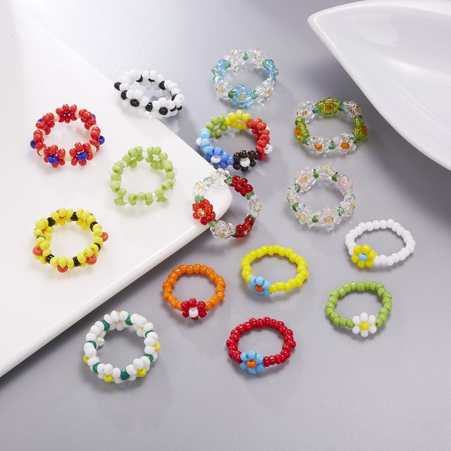 Pierścień wykonany ręcznie z kolorowymi koralikami kwiatowymi - biżuteria dla kobiet i dziewcząt - Wianko - 94