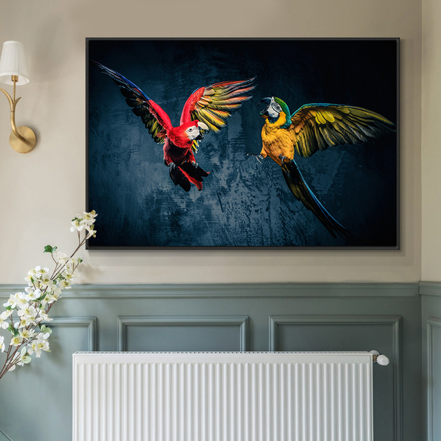Taniec kolorowych papug na płótnie - plakat nordycki obraz ścienny do dekoracji wnętrz - Wianko - 1