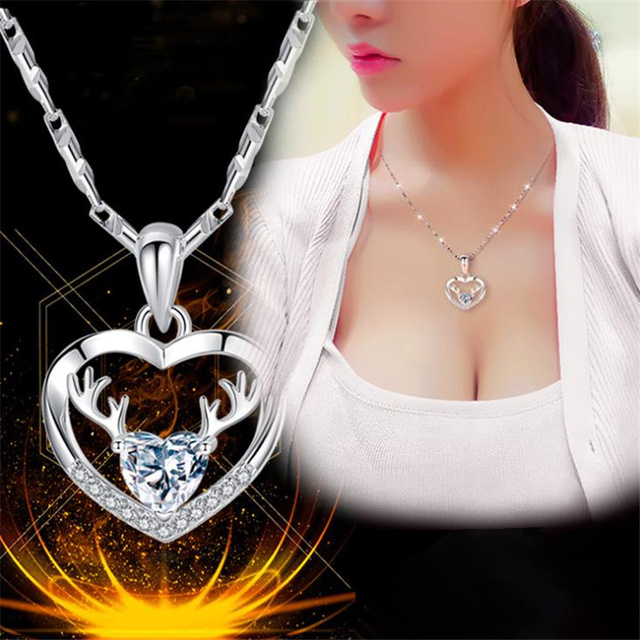Srebrny naszyjnik z 925 Sterling z kryształowym sercem i wisiorkiem w kształcie jelenia, modne trendy 2021 dla kobiet - Wianko - 1