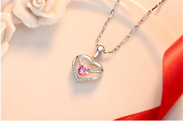 Srebrny naszyjnik z 925 Sterling z kryształowym sercem i wisiorkiem w kształcie jelenia, modne trendy 2021 dla kobiet - Wianko - 12