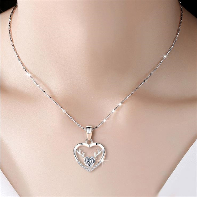 Srebrny naszyjnik z 925 Sterling z kryształowym sercem i wisiorkiem w kształcie jelenia, modne trendy 2021 dla kobiet - Wianko - 7