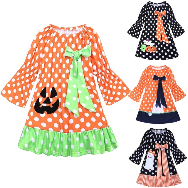 Sukienka dla dzieci dziewczynki w kropki z motywem dyni Halloween - Wianko - 2