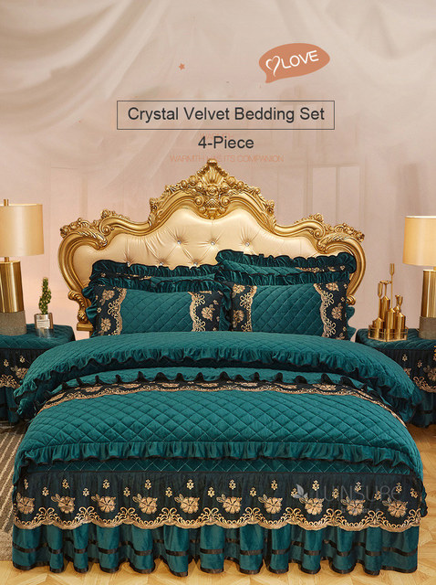 Luksusowy zestaw pościeli z koronką, kryształem i aksamitnym wykończeniem, w komplecie 4 poszewki pikowane oraz elastyczna i miękka narzuta na łóżko - Wianko - 1