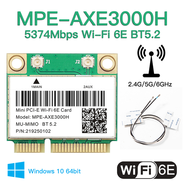 Karta sieciowa WiFi 6E Mini PCIe AX210 Tri-band 5374 mb/s z anteną 2.4G/5G/6G 802.11ax MU-MIMO BT5.2 Win 10 - Wianko - 1
