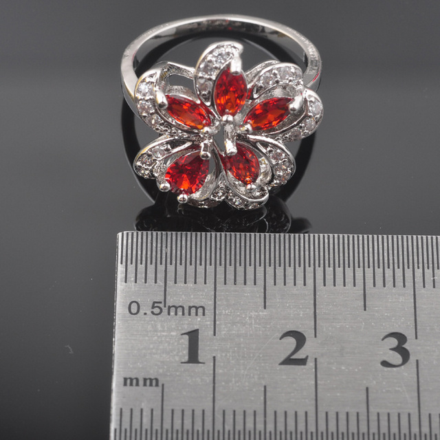 Nowy zestaw biżuterii ślubnej - lśniący czerwony cyrkon, srebrny kolor, kolczyki, wisiorek, naszyjnik, pierścionki QZ0534 - Wianko - 4