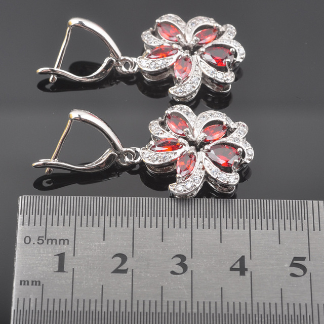 Nowy zestaw biżuterii ślubnej - lśniący czerwony cyrkon, srebrny kolor, kolczyki, wisiorek, naszyjnik, pierścionki QZ0534 - Wianko - 5