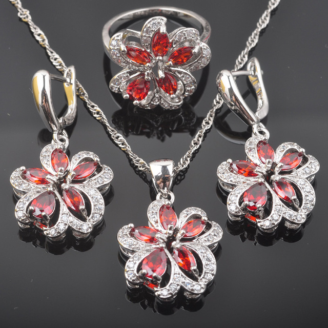 Nowy zestaw biżuterii ślubnej - lśniący czerwony cyrkon, srebrny kolor, kolczyki, wisiorek, naszyjnik, pierścionki QZ0534 - Wianko - 1