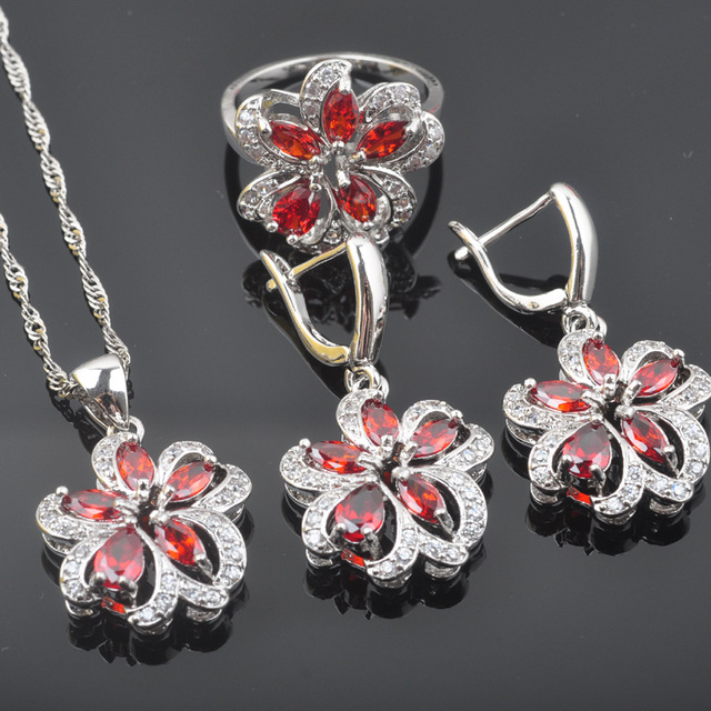 Nowy zestaw biżuterii ślubnej - lśniący czerwony cyrkon, srebrny kolor, kolczyki, wisiorek, naszyjnik, pierścionki QZ0534 - Wianko - 2