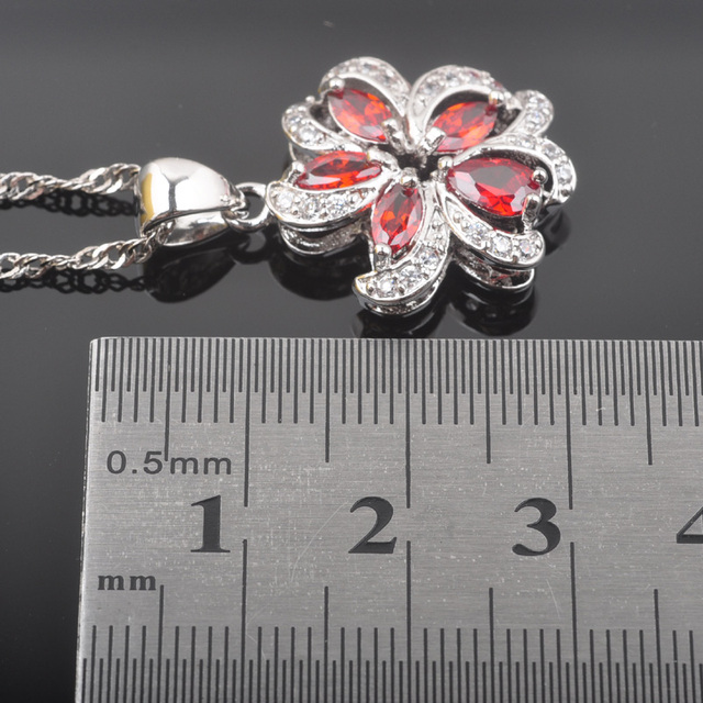 Nowy zestaw biżuterii ślubnej - lśniący czerwony cyrkon, srebrny kolor, kolczyki, wisiorek, naszyjnik, pierścionki QZ0534 - Wianko - 3