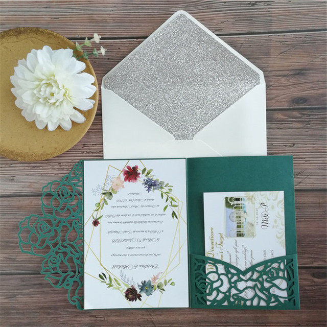 Zestaw zaproszeń na ślub w stylu rustykalnym, zielona róża, kieszonkowy, laserowo składany, brokatowe srebrne i złote koperty - Wianko - 3