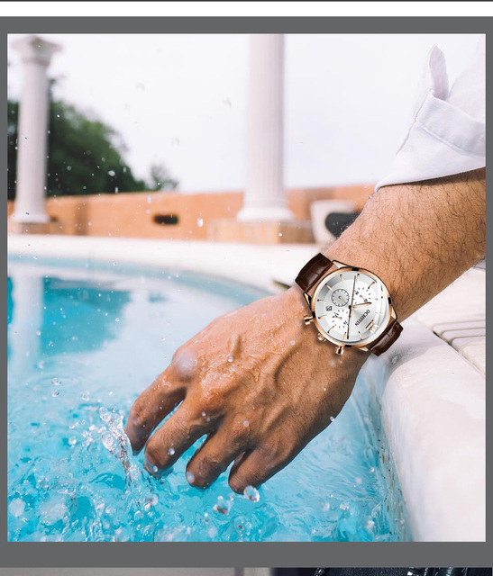 Męski zegarek kwarcowy chronograf z opaską na ramię, marki Luxus z prawdziwej skóry, koloru czarnego - model 6129 - Wianko - 8