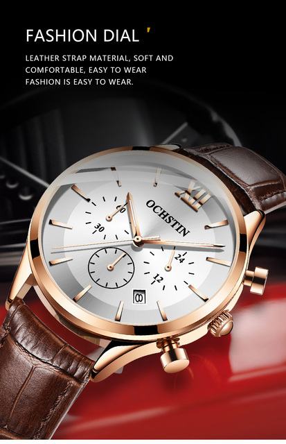 Męski zegarek kwarcowy chronograf z opaską na ramię, marki Luxus z prawdziwej skóry, koloru czarnego - model 6129 - Wianko - 2