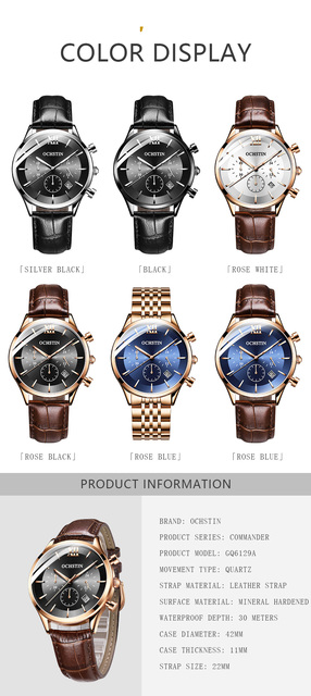 Męski zegarek kwarcowy chronograf z opaską na ramię, marki Luxus z prawdziwej skóry, koloru czarnego - model 6129 - Wianko - 4