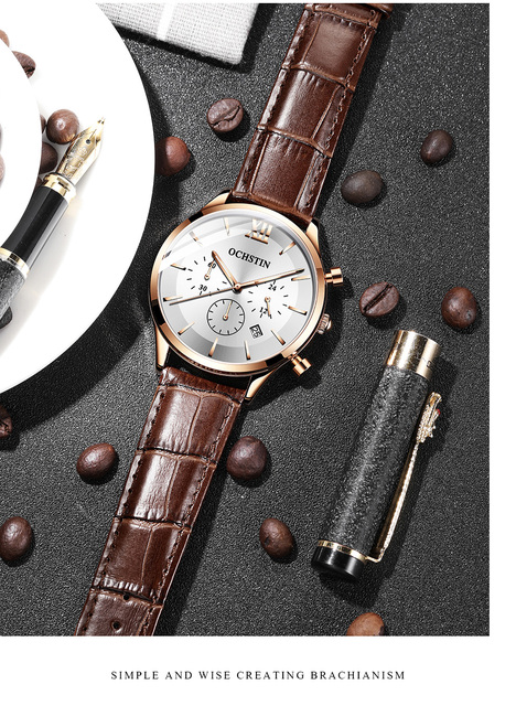 Męski zegarek kwarcowy chronograf z opaską na ramię, marki Luxus z prawdziwej skóry, koloru czarnego - model 6129 - Wianko - 18