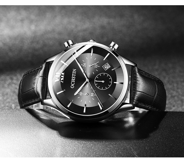 Męski zegarek kwarcowy chronograf z opaską na ramię, marki Luxus z prawdziwej skóry, koloru czarnego - model 6129 - Wianko - 17