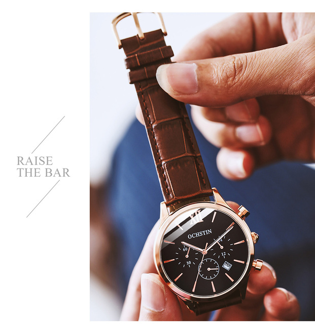 Męski zegarek kwarcowy chronograf z opaską na ramię, marki Luxus z prawdziwej skóry, koloru czarnego - model 6129 - Wianko - 16