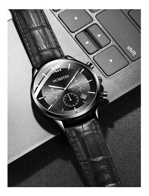 Męski zegarek kwarcowy chronograf z opaską na ramię, marki Luxus z prawdziwej skóry, koloru czarnego - model 6129 - Wianko - 14