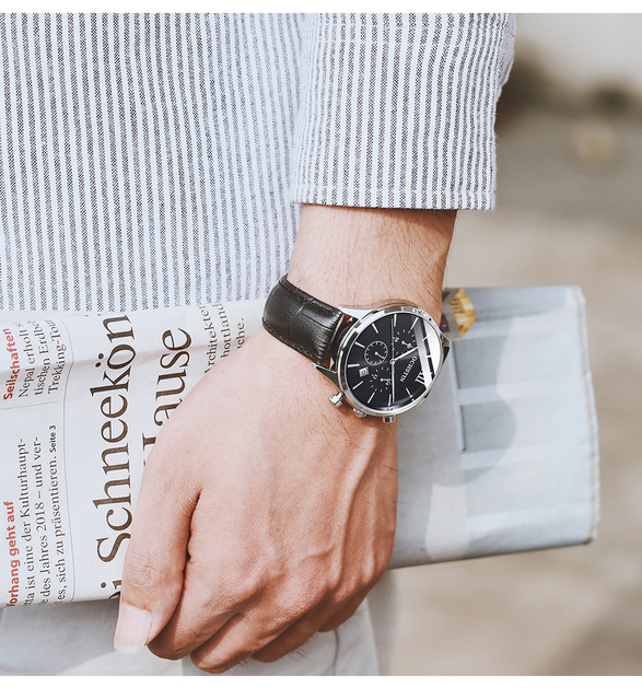 Męski zegarek kwarcowy chronograf z opaską na ramię, marki Luxus z prawdziwej skóry, koloru czarnego - model 6129 - Wianko - 19