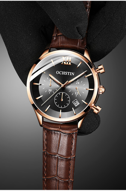 Męski zegarek kwarcowy chronograf z opaską na ramię, marki Luxus z prawdziwej skóry, koloru czarnego - model 6129 - Wianko - 3