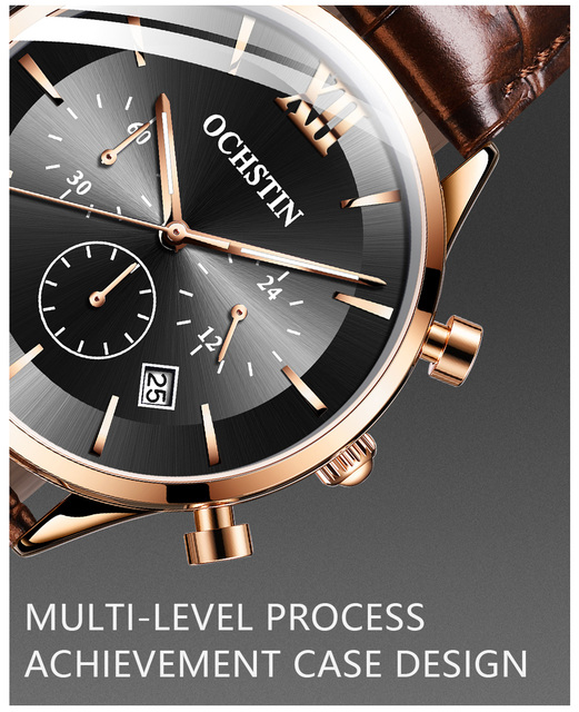 Męski zegarek kwarcowy chronograf z opaską na ramię, marki Luxus z prawdziwej skóry, koloru czarnego - model 6129 - Wianko - 10