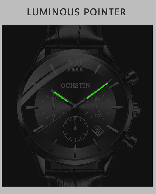 Męski zegarek kwarcowy chronograf z opaską na ramię, marki Luxus z prawdziwej skóry, koloru czarnego - model 6129 - Wianko - 6