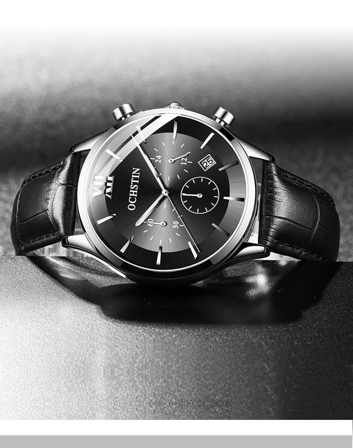 Męski zegarek kwarcowy chronograf z opaską na ramię, marki Luxus z prawdziwej skóry, koloru czarnego - model 6129 - Wianko - 5