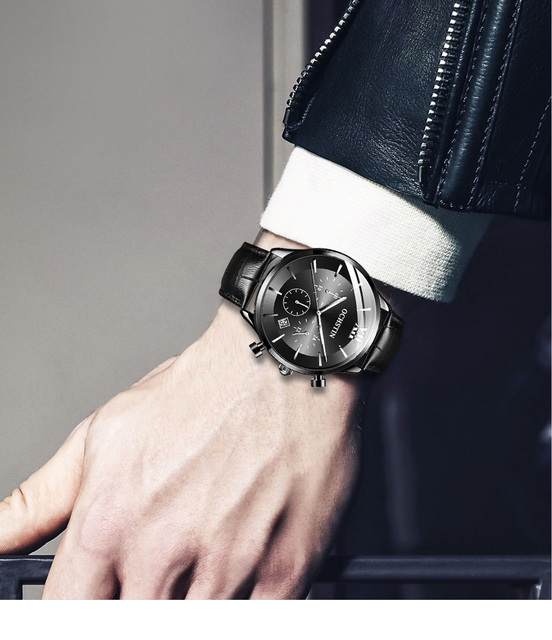 Męski zegarek kwarcowy chronograf z opaską na ramię, marki Luxus z prawdziwej skóry, koloru czarnego - model 6129 - Wianko - 9