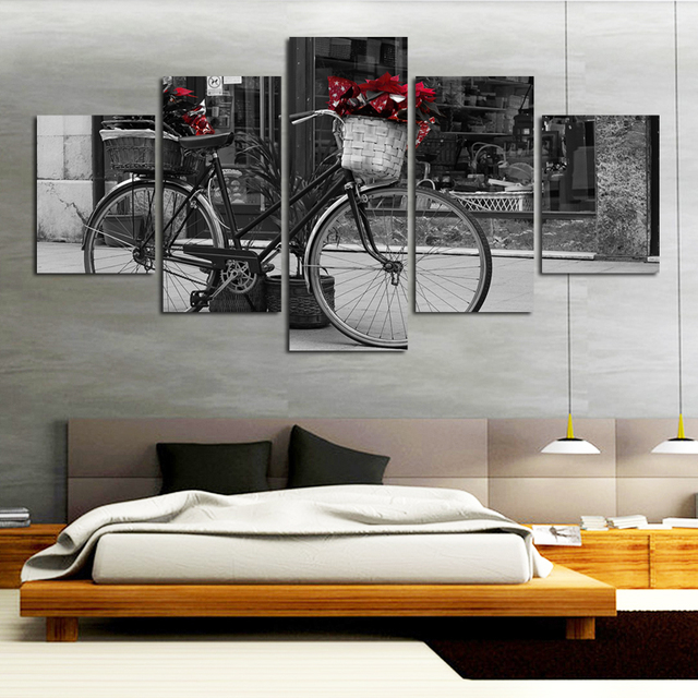 Obraz na płótnie malarstwo rower, czarno-biały, 5 sztuk, druk HD, do dekoracji wnętrza - Wianko - 3
