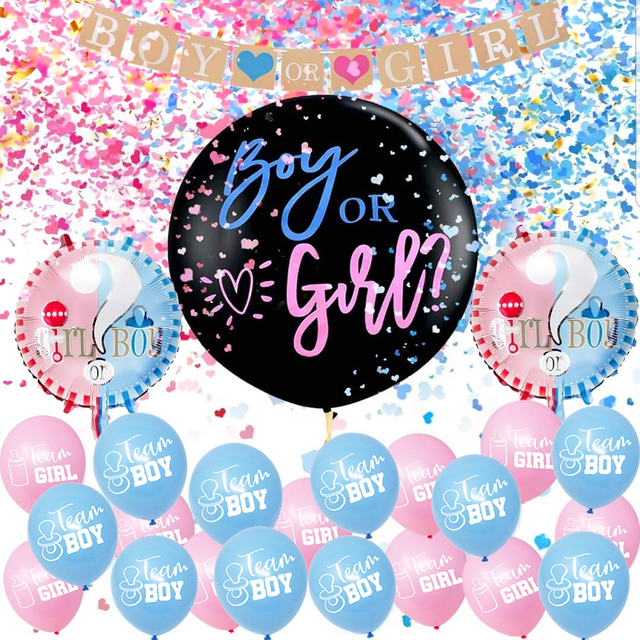Zagłosuj produktów płci ujawniać dostaw dla chłopcu lub dziewczynki - 28 sztuk czarnych lateksowych balonów z papierowym konfetti, banerem i dekoracjami balonów dla chłopców i dziewczyn - Wianko - 3