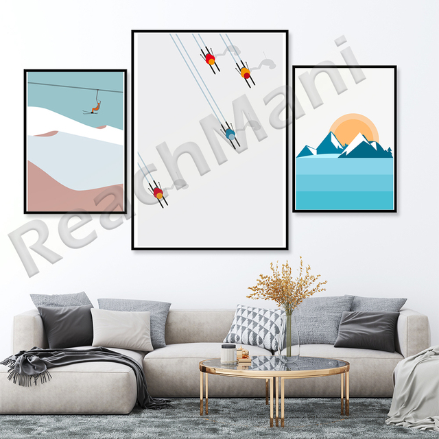Plakat narciarski Ośnieżone góry - minimalistyczny wydruk na nartach, nowoczesny biało-niebieski wzór, idealny prezent na Boże Narodzenie - Wianko - 5