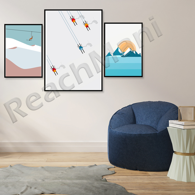 Plakat narciarski Ośnieżone góry - minimalistyczny wydruk na nartach, nowoczesny biało-niebieski wzór, idealny prezent na Boże Narodzenie - Wianko - 4