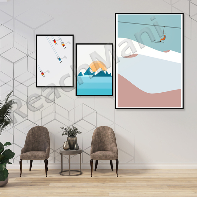 Plakat narciarski Ośnieżone góry - minimalistyczny wydruk na nartach, nowoczesny biało-niebieski wzór, idealny prezent na Boże Narodzenie - Wianko - 3