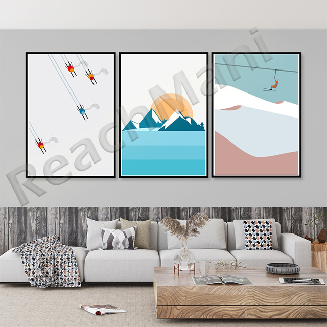 Plakat narciarski Ośnieżone góry - minimalistyczny wydruk na nartach, nowoczesny biało-niebieski wzór, idealny prezent na Boże Narodzenie - Wianko - 6