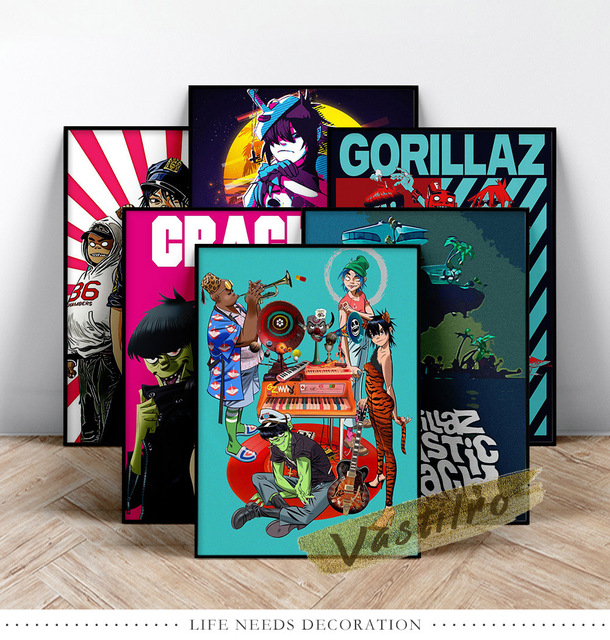 Plakat Gorillaz - Wall Art z postaciami wirtualnego zespołu w kreskówkowym stylu 2D: Russel Hobbs, Murdoc Niccals - Wianko - 2