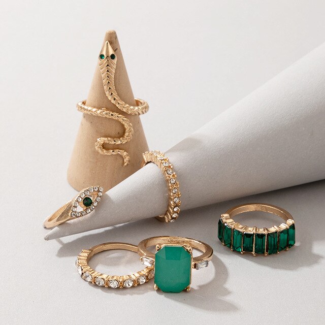 Zestaw 6 kreatywnych zielonych pierścieni w kształcie węża - złoty kolor biżuterii Gothic Knuckle dla kobiet - Wianko - 3