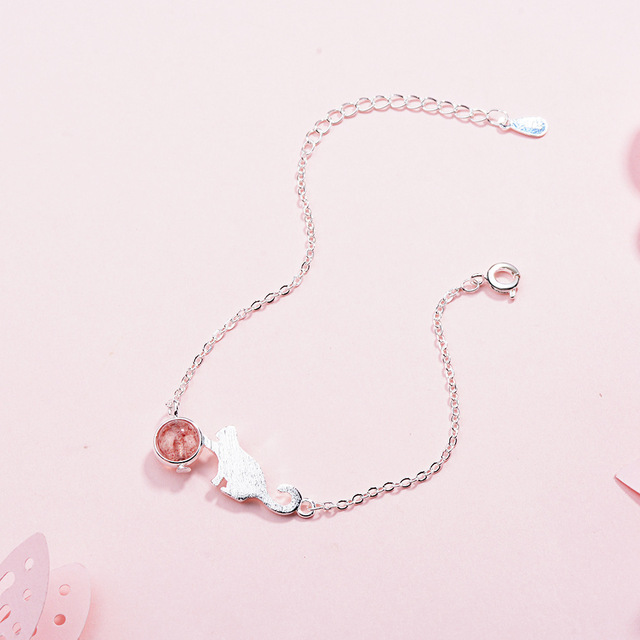 925 srebrna bransoletka Cut Cat z naturalną truskawką, kryształem kamień księżycowym i wzorem dla kobiet - Wianko - 11