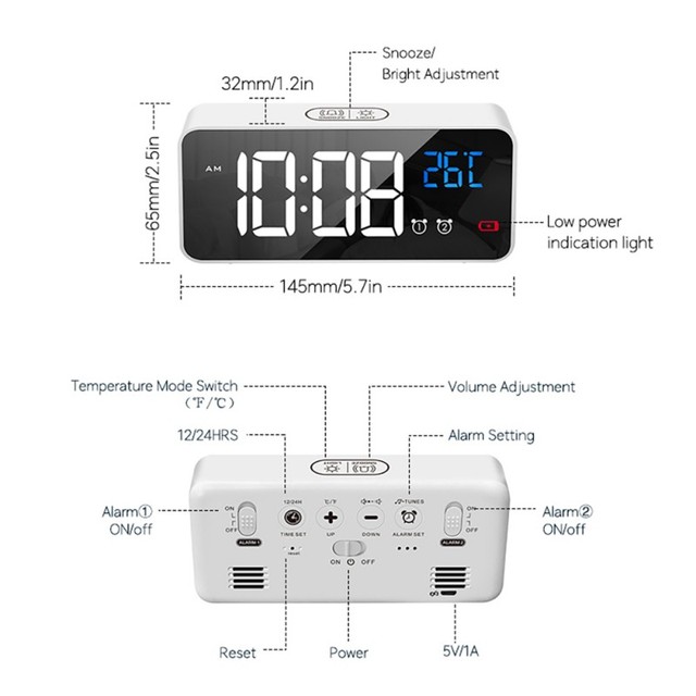 Sypialnia - Cyfrowy budzik LED zegar z podświetlaniem, temperatura, alarm, USB - Wianko - 27